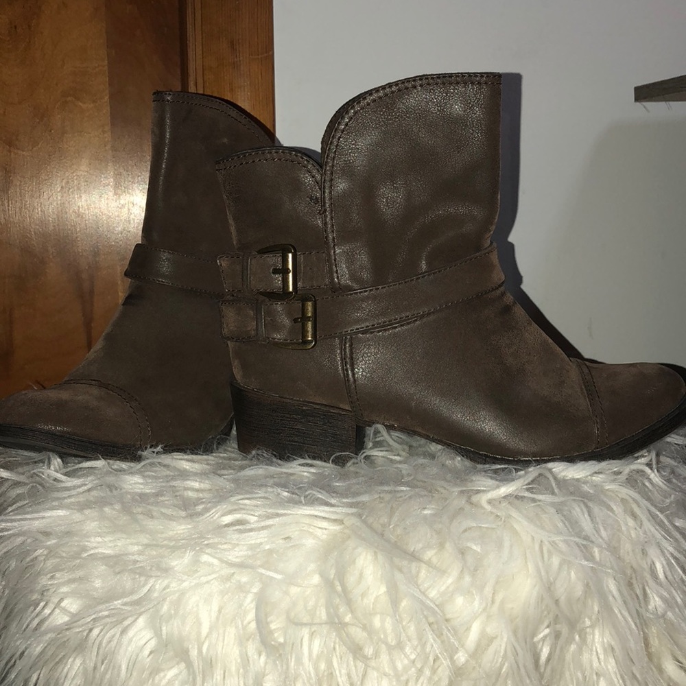 Brown, buckle ankle boots